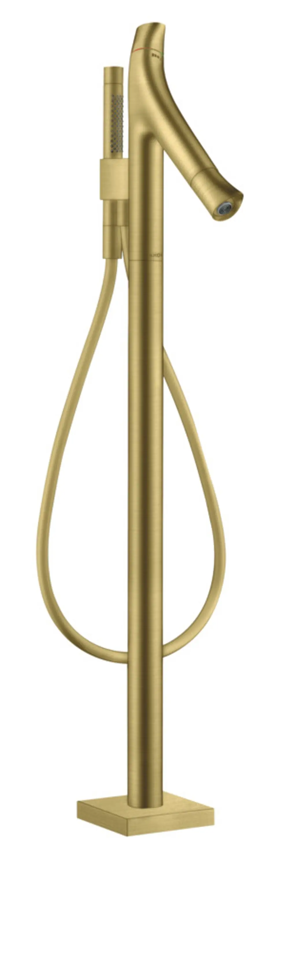 Bodenstehender Thermostat in gebürstetem Messing-Finish von AXOR, mit flexibler Handbrause und minimalistischer Form, auf quadratischem Sockel montiert.